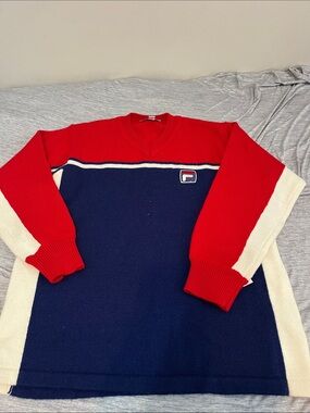 VTG Fila | Men's Red, Navy & Cream V-Neck Wool blend Colorblock Sweater